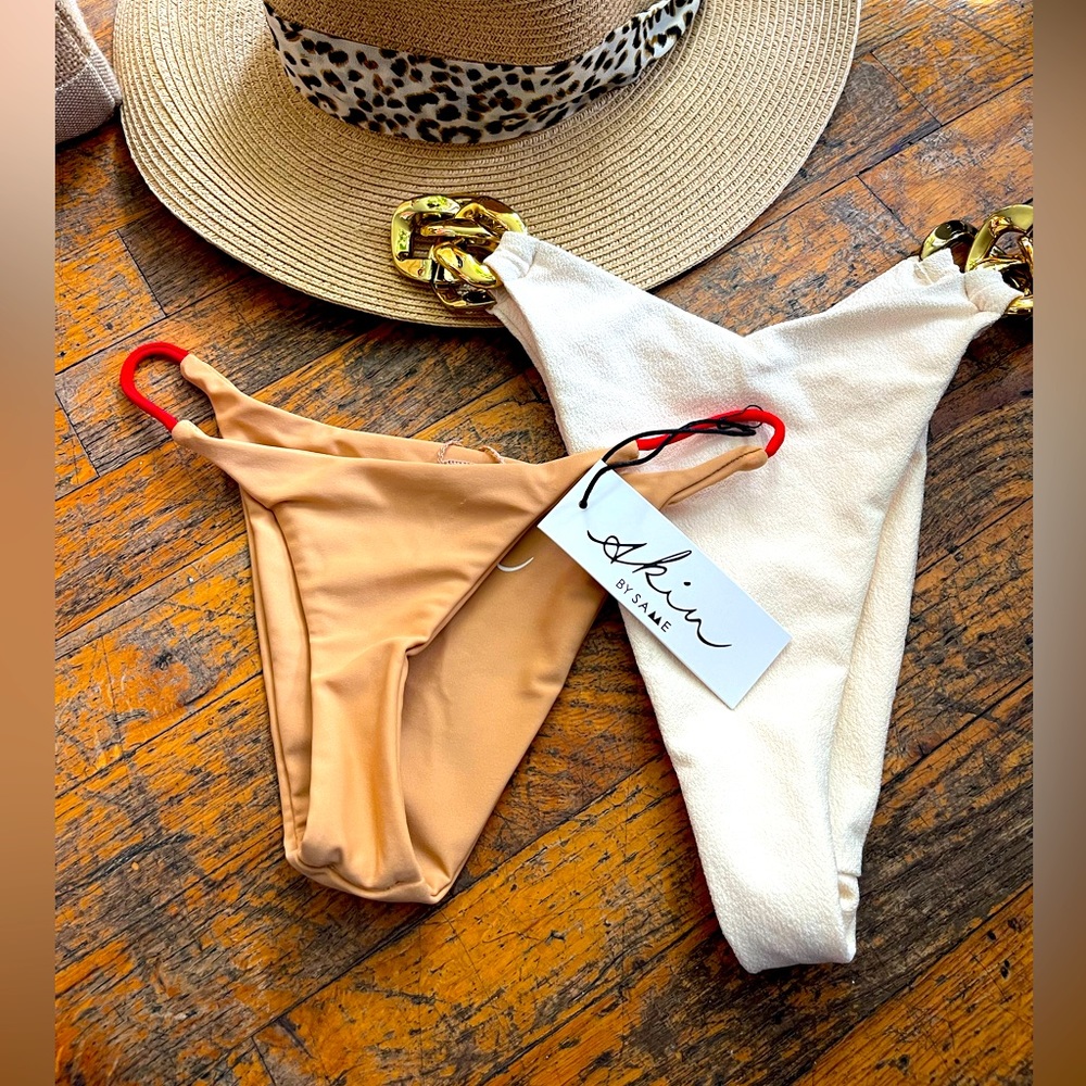 Gold chain high waisted (Faux Suede Cream) Tan and Orange bottoms .